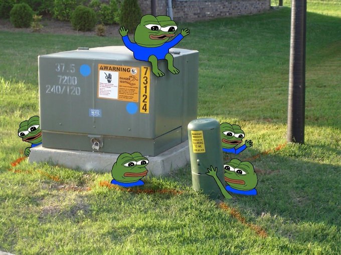Several cartoon Pepe the Frog characters in blue shirts are edited around an electrical transformer box in a grassy field, with labels reading '37.5 7200 240/120' and '73124'.