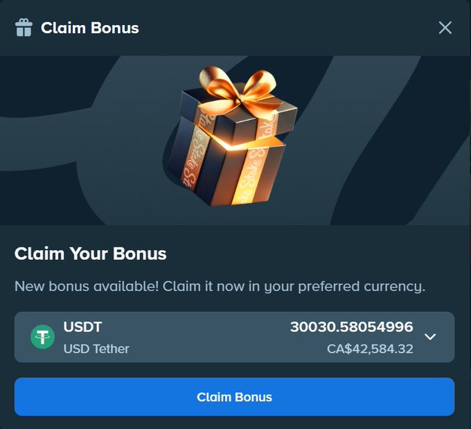 A "Claim Bonus" pop-up displays a USDT (USD Tether) bonus of 30030.58054996 (CA$42,584.32) in a gift box, which the post "Holy shit stake" appears to react to, referencing the surprise or excitement of a large gambling/crypto bonus payout.