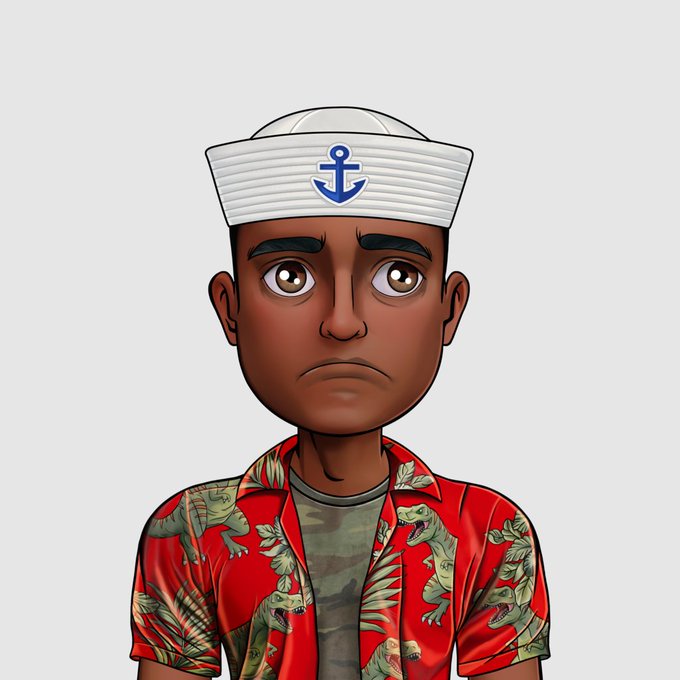 A 3D digital illustration depicts a sailor wearing a white hat with a blue anchor emblem and a red short-sleeved shirt patterned with green dinosaurs over a camouflage t-shirt.