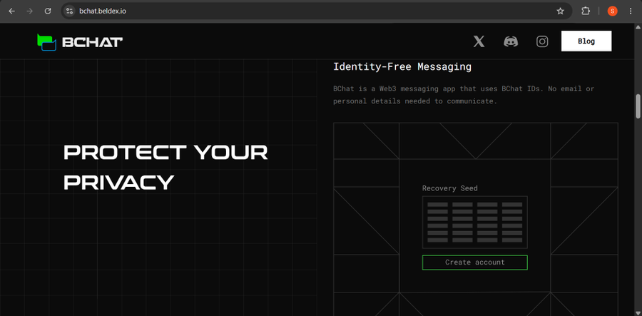 Screenshot of the BChat website (bchat.beldex.io) displaying the tagline 'PROTECT YOUR PRIVACY' and an 'Identity-Free Messaging' section featuring a Recovery Seed interface and 'Create account' button.