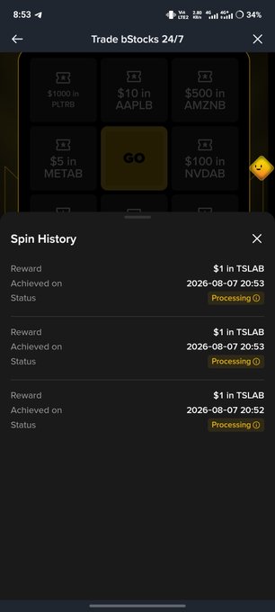 A mobile screenshot of the "Trade BStocks 24/7" app showing a Spin History with rewards of $1 in TSLAB earned on 2026-08-07.