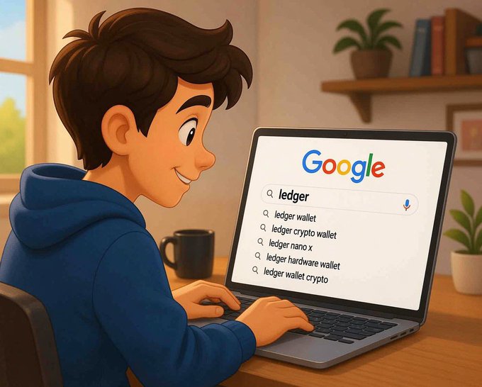 A cartoon-style illustration of a smiling young man with brown hair in a blue hoodie typing on a laptop, with a Google search showing autocomplete suggestions for "ledger" including 'ledger wallet', 'ledger crypto wallet', and 'ledger hardware wallet'.