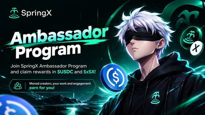 A promotional graphic for the 'SpringX Ambassador Program' featuring an anime-style character with white hair and a blindfold, offering rewards in $USDC and $SX.