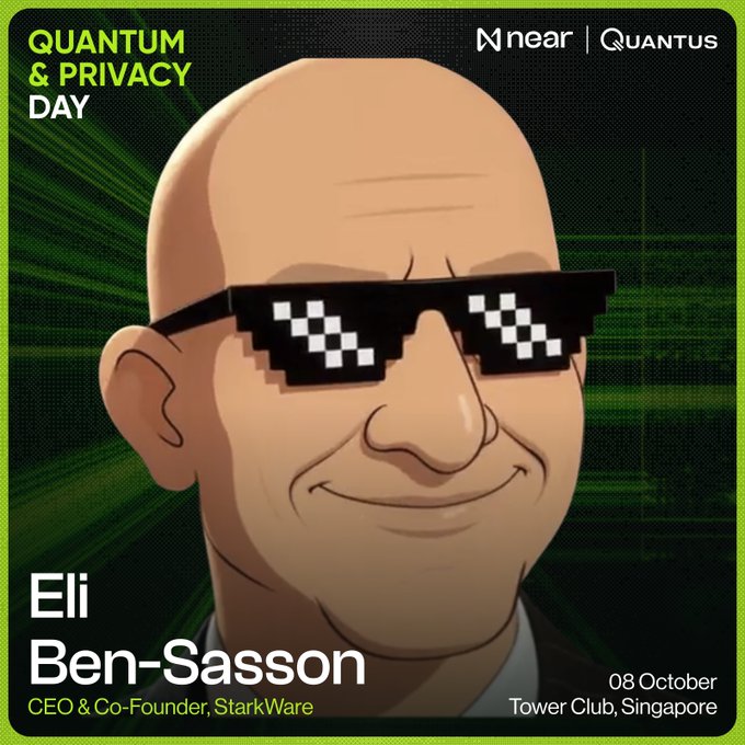 A promotional graphic for 'QUANTUM & PRIVACY DAY' featuring a cartoon avatar wearing pixelated sunglasses, promoting Eli Ben-Sasson, CEO & Co-Founder of StarkWare, speaking on October 08 at Tower Club, Singapore, with Near logo branding.