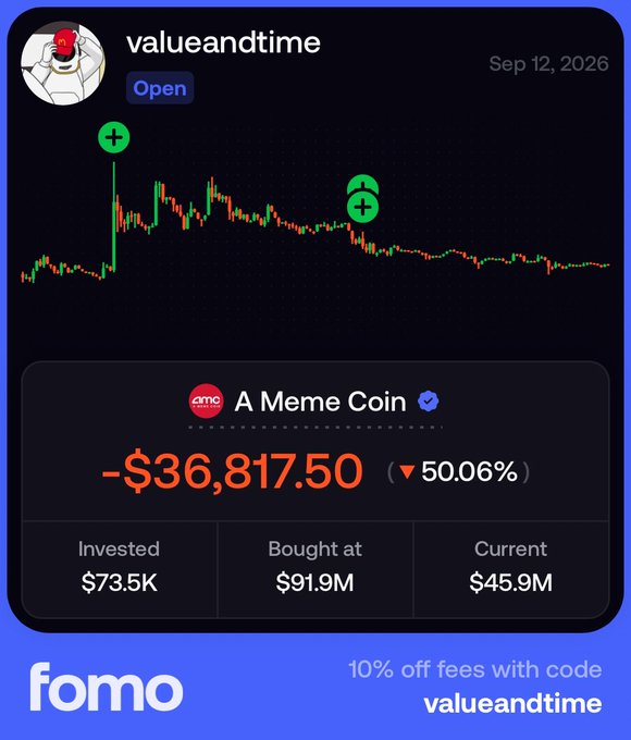 A mobile trading app screenshot for 'valueandtime' showing a meme coin ('amc') with a loss of -$36,817.50 (▼50.06%), invested $73.5K, bought at $91.9M, current $45.9M, with a FOMO promo code at the bottom.