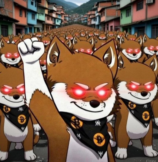 A crowd of cartoon Shiba Inu dogs with glowing red eyes, raising their fists, and wearing black bandanas with Bitcoin logos marches through a favela-style street.