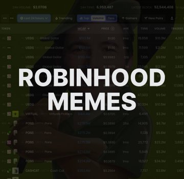 White text reading 'ROBINHOOD MEMES' overlaid on a dark image of a person in a red beanie, with a stock trading app interface faintly visible behind the text.