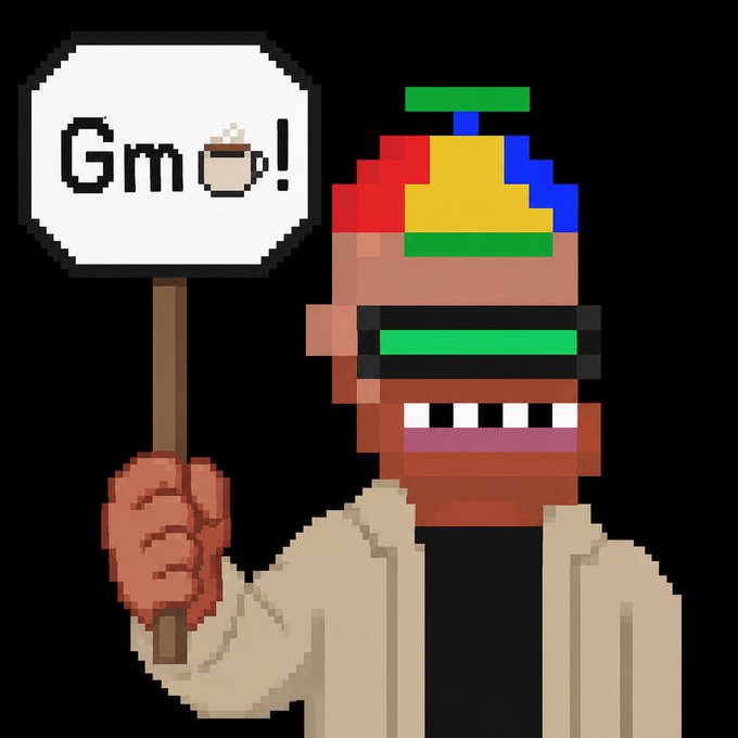 Pixel art illustration of a character wearing a Rubik's cube-like headpiece and green visor, holding a sign that reads 'Gm ☕!' against a black background.