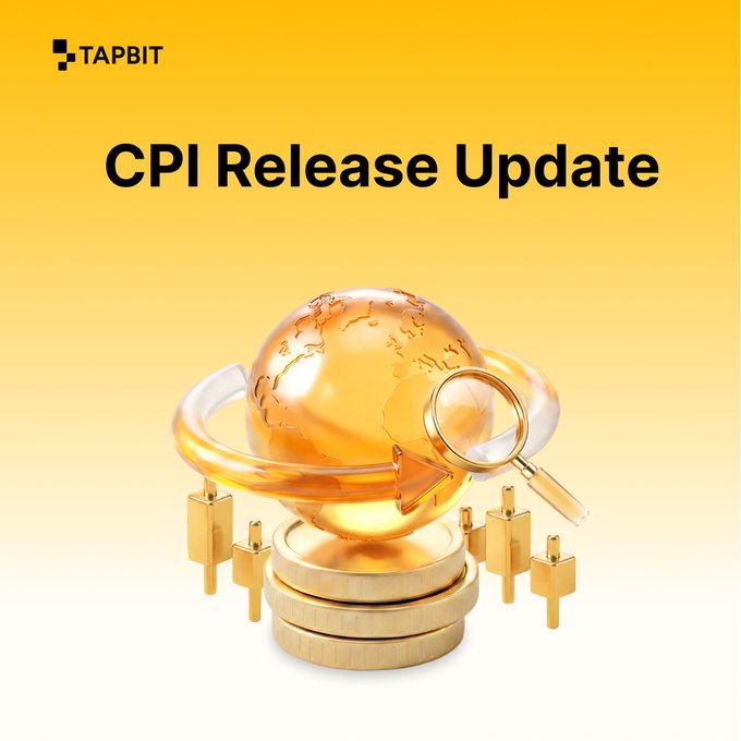 A graphic with a yellow gradient background featuring the TAPBIT logo and 'CPI Release Update' text, with a 3D golden globe, magnifying glass, and arrow illustration.