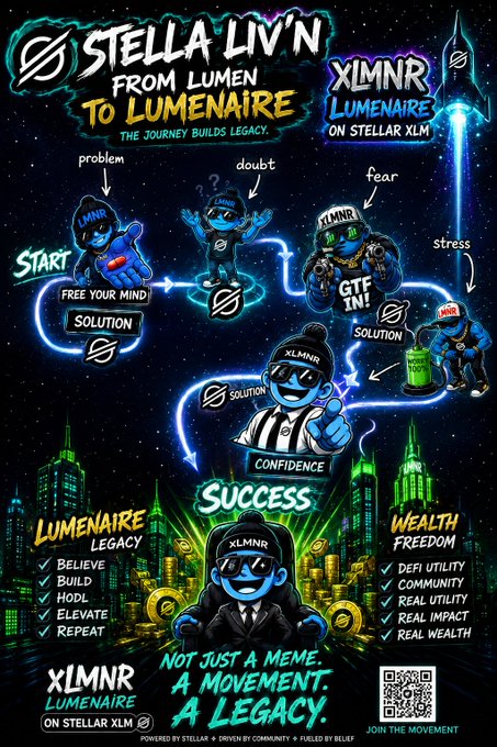 A vibrant neon-style infographic titled "STELLA LIV'N FROM LUMEN TO LUMENAIRE: THE JOURNEY BUILDS LEGACY," depicting a blue alien-like character evolving from "START" through stages of doubt, fear, and stress before reaching "SUCCESS" and "WEALTH FREEDOM." It promotes $XLMNR on the Stellar (XLM) network, emphasizing a "LUMENAIRE LEGACY" built by believing, building, HODL-ing, elevating, and repeating—aligning with the post's message to accumulate and HODL xLMNR as part of a movement toward confidence and legacy.
