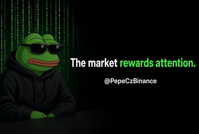A cartoon Pepe character wearing sunglasses and a black hoodie sits against a green Matrix-style digital background, with the text "The market rewards attention." and the handle "@PepeCzBinance" displayed beside it. The image visually reinforces the post's message about meme-driven momentum, using the iconic Pepe frog to illustrate how viral cultural narratives—rather than pure fundamentals—can capture market attention and drive value for tokens like $PEPE.