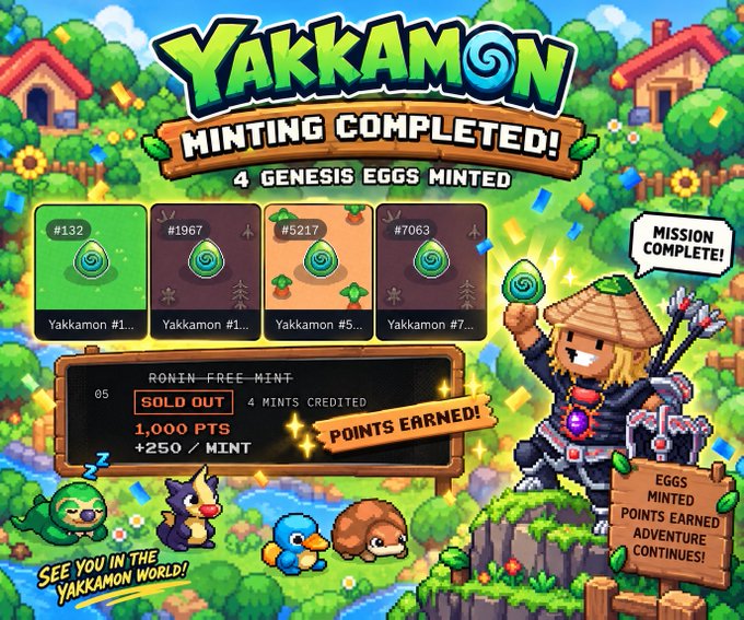 A vibrant pixel-art promotional graphic for "Yakkamon" celebrates a successful minting event, displaying "MINTING COMPLETED! 4 GENESIS EGGS MINTED" with egg tokens numbered #132, #1967, #5217, and #7063, alongside a "MISSION COMPLETE!" character and a "POINTS EARNED!" banner showing 1,000 points for "RONIN_FREE_MINT" at 250 points per mint. The celebratory scene aligns with the post announcing the awarded minting points, with charming creatures at the bottom and dates like "21 September" and "14 October" hinting at the upcoming trading and egg reveal events.