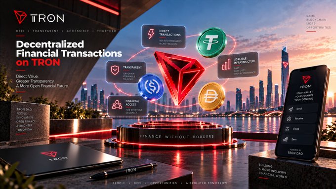 A promotional graphic for 'TRON' featuring the text 'Decentralized Financial Transactions on TRON,' 'Finance Without Borders,' and 'Building a More Inclusive Financial World,' alongside cryptocurrency icons.