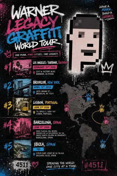 A promotional poster for the 'WARNER LEGACY GRAFFITI WORLD TOUR' listing tour dates across Los Angeles, Brooklyn, Lisbon, Barcelona, and Ibiza.