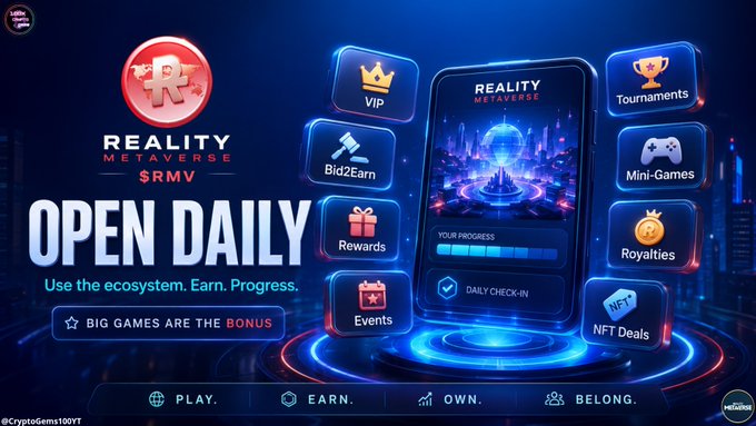 A promotional banner for 'REALITY METaverse ($RMV)' advertising it is 'OPEN DAILY' with features including VIP, Bid2Earn, Rewards, Events, Tournaments, Mini-Games, Royalties, and NFT Deals, with the tagline 'PLAY. EARN. OWN. BELONG.'