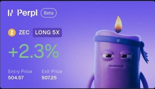 A trading interface for 'Perpl Beta' showing a LONG 5X position on ZEC (Zcash) with a +2.3% gain, an entry price of 504.57, and an exit price of 507.25, featuring a purple candle character mascot.
