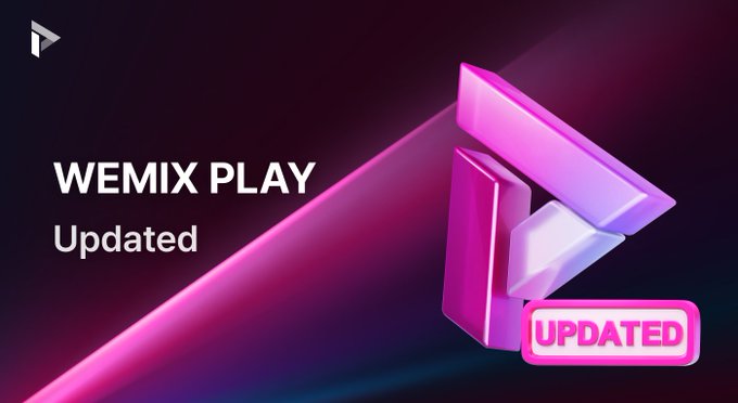 A promotional graphic for 'WEMIX PLAY' marked 'Updated', featuring a stylized 3D pink and purple 'W' logo on a dark background.