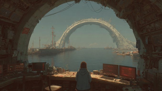 A sci-fi concept art scene shows a person viewed from behind sitting at a cluttered workstation with monitors, looking through a large arched opening at a harbor with sailing ships and a massive futuristic ring structure in the sky.