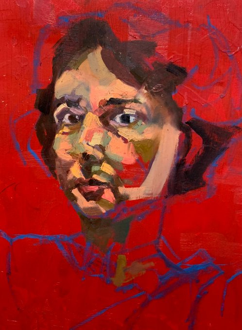 An expressive painted portrait of a woman's face rendered in thick, colorful brushstrokes against a vibrant red background.