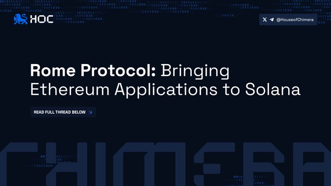 Promotional banner for House of Ohmers’ X post titled “Rome Protocol: Bringing Ethereum Applications to Solana.” It highlights Rome Protocol’s Oct. 3 launch of its EVM program on Solana mainnet, enabling Solidity contracts to run on Solana and access its roughly $6B DeFi market.