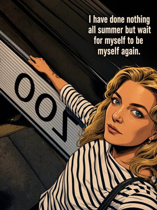 A pop-art style illustration of a blonde woman in a striped shirt reaching toward a sign, accompanied by the text 'I have done nothing all summer but wait for myself to be myself again.'