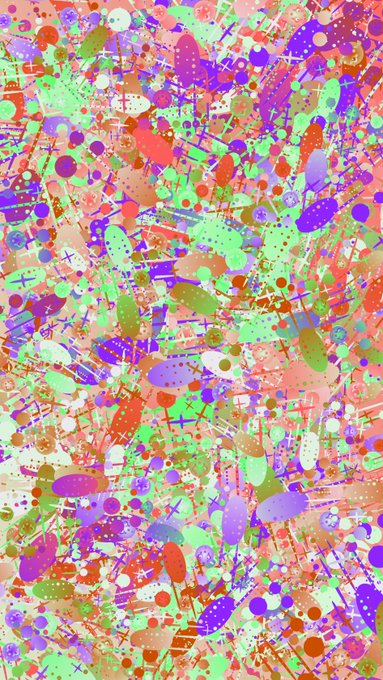 An abstract artwork features a chaotic splatter pattern of bright neon colors including pink, green, purple, and orange dots and streaks.