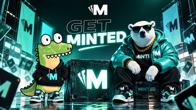 A promotional graphic featuring a cartoon crocodile and a polar bear wearing sunglasses and teal jackets, with the text "GET MINTED" and the Minted logo.