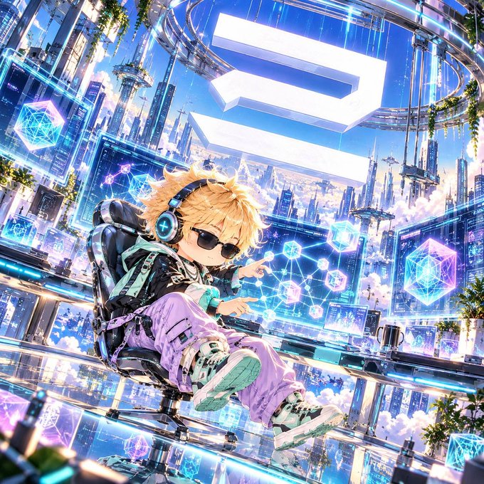 A vibrant anime-style illustration of a blonde-haired character wearing sunglasses and headphones, sitting in a futuristic cityscape with holographic displays and a large white logo.