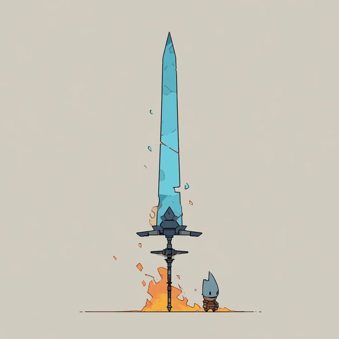 An illustration of a massive blue sword standing vertically with a smaller fire-wreathed character standing at its base.