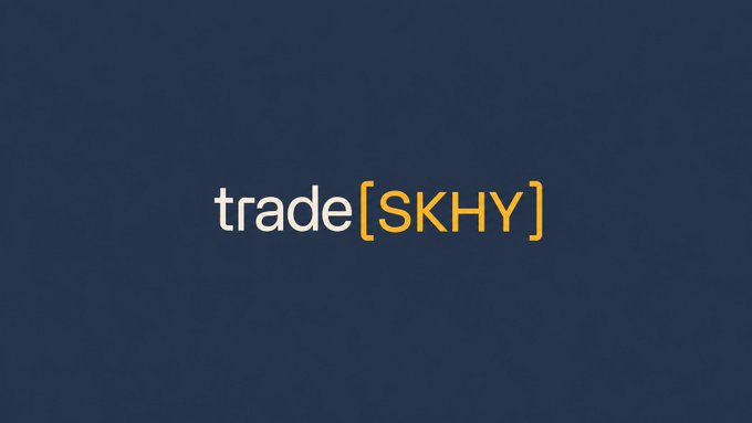 The image shows a dark navy blue background with the text "trade[SKHY]" in white and gold lettering, representing the tradeSKHY platform branding. This logo accompanies the announcement that $SKHY has transitioned to a standard XYZ perpetual contract with 10x leverage available for trading on the platform.