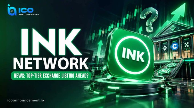 A promotional graphic for ICO Announcement features "INK NETWORK" in bold white text with the tagline "NEWS: TOP-TIER EXCHANGE LISTING AHEAD?" against a green tech-themed backdrop showing a 3D INK token, exchange building, and rising chart arrows. The image visually reinforces the post's teaser about a potential major exchange listing and Phase 2 development for the INK Network project.