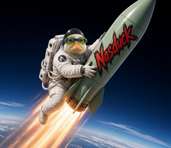 A surreal image of a duck-headed astronaut in a spacesuit and goggles riding a rocket labeled 'Nasduck' through space.