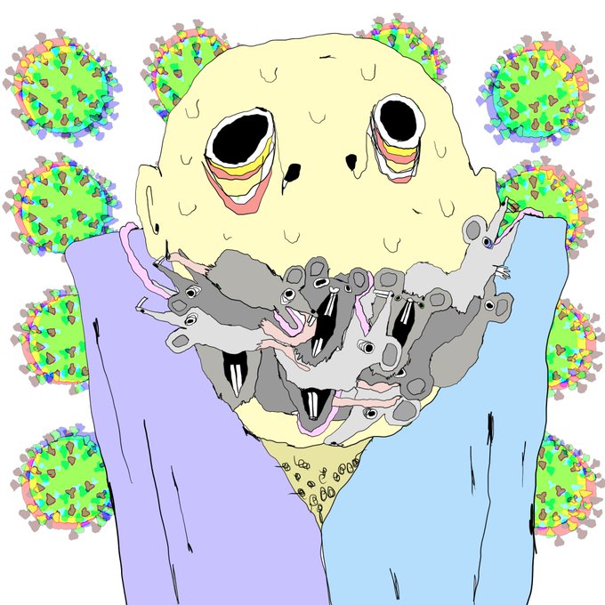 An illustration of a melting yellow skull-like figure with large eyes, surrounded by green coronavirus particles and a crowd of gray rodent-like creatures clinging to it.