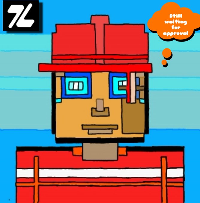 A cartoon blocky character wearing red, with a thought bubble reading 'Still waiting for approval' and a stylized 'L' logo in the corner.