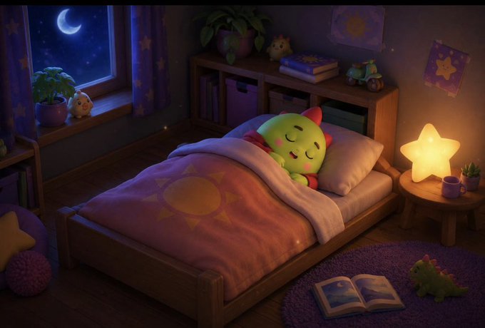A cute green dragon plush sleeps peacefully in a cozy, star-themed bedroom under a crescent moon, reflecting the "Sleepagotchi" app's focus on personalized sleep tracking and AI-driven wellness coaching mentioned in the post.