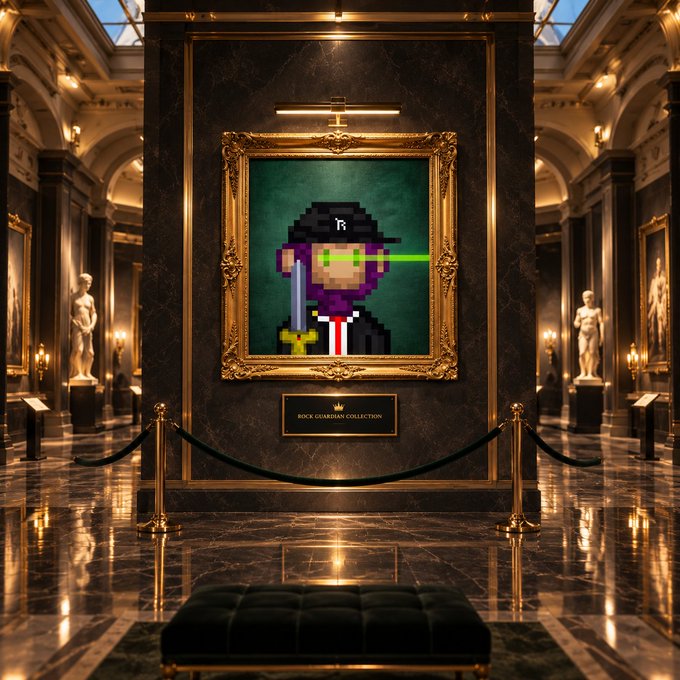 A pixel art portrait of a character wearing a black cap with 'R' logo and emitting green laser eyes from yellow sunglasses, displayed in an ornate gold frame within a luxurious gallery setting, labeled 'ROCK GUARDIAN COLLECTION'.