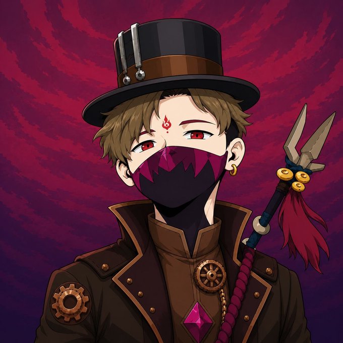 This image features a portrait of an anime-style character wearing a top hat and a mask, holding a spear. The character appears to be an NFT, as indicated by the accompanying post mentioning "@Arcionsnft" and "1/1."