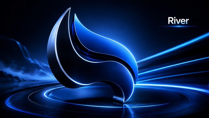 A blue glowing abstract wave-like 3D logo with the word 'River' displayed in the upper right.