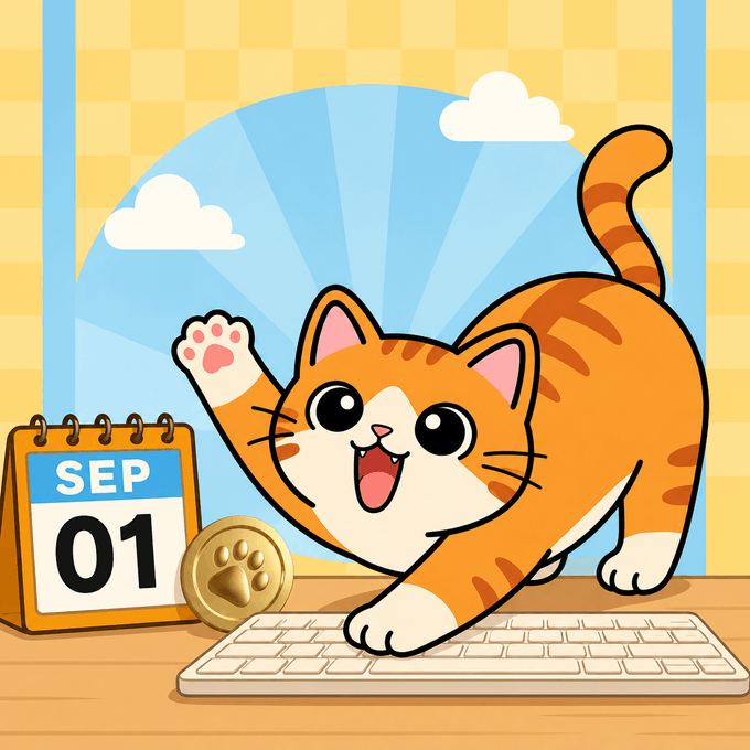 A cheerful cartoon orange tabby cat waves its paw beside a desk calendar showing "SEP 01" and a paw-print coin, perfectly illustrating a "First GM of September" post where the cat literally says "GM" (good morning) back.