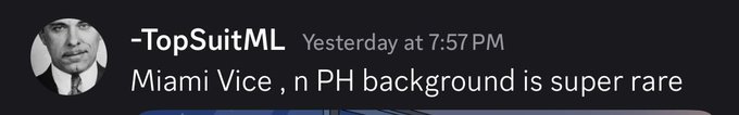 A screenshot of a Discord message from user "-TopSuitML" posted yesterday at 7:57 PM commenting "Miami Vice , n PH background is super rare," reacting to another user's announcement about sharing a sneak peek for #Suit @SuitsOnHood and a legacy tease involving Robinhood.