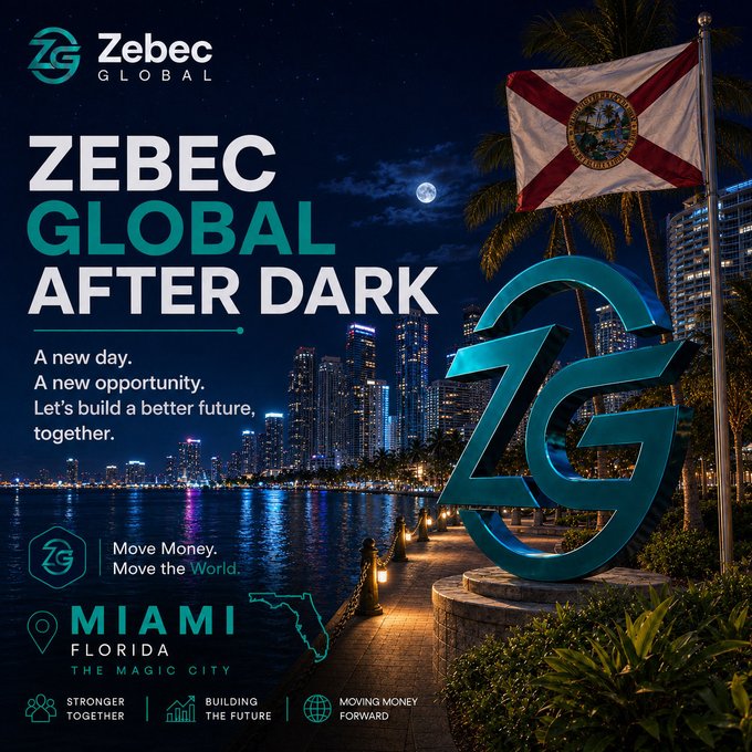 A promotional graphic for Zebec Global titled 'ZEBEC GLOBAL AFTER DARK' set against a nighttime Miami, Florida skyline with a large ZG logo and Florida state flag, featuring the tagline 'A new day. A new opportunity. Let's build a better future, together.' and 'Move Money. Move the World.'