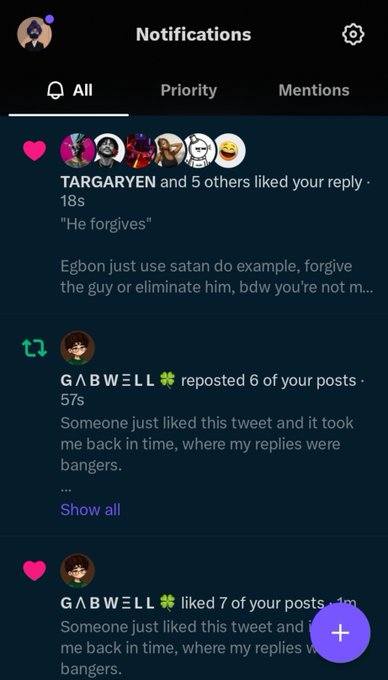 A screenshot of a social media notifications page showing interactions including 'TARGARYEN and 5 others liked your reply' and a user named 'GΛBWΞLL' who reposted and liked multiple posts.