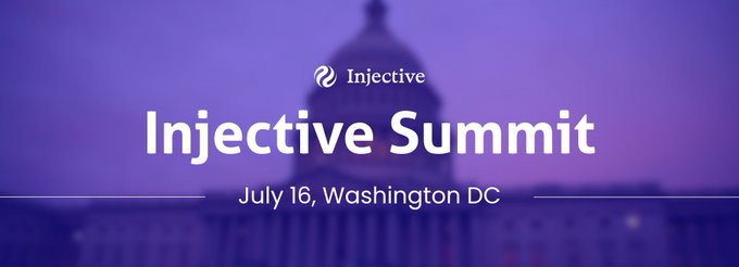 A purple banner for the 'Injective Summit' event scheduled for July 16 in Washington DC, featuring a faint image of the U.S. Capitol in the background.