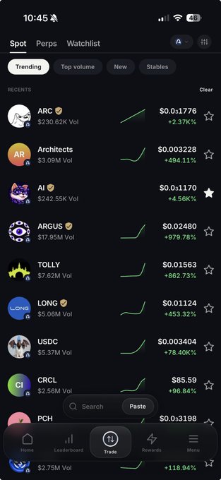 Screenshot of a cryptocurrency trading app showing trending tokens including ARC ($0.11776, +2.37%), Architects ($0.003228, +494.11%), AI ($0.1170, +4.58K%), ARGUS ($0.02480, +979.78%), TOLLY ($0.01563), LONG ($0.01124), USDC ($0.003404), and CRCL ($85.59, +96.84%).