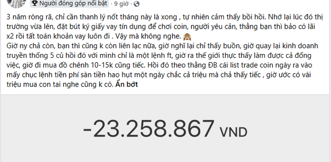 A Vietnamese social media post from a group called "Người đồng góp nổi bật" warns about cryptocurrency trading, showing a trader losing -23,258,867 VND with mentions of using leverage and signals like Đỗ Chí Dũng (DB).