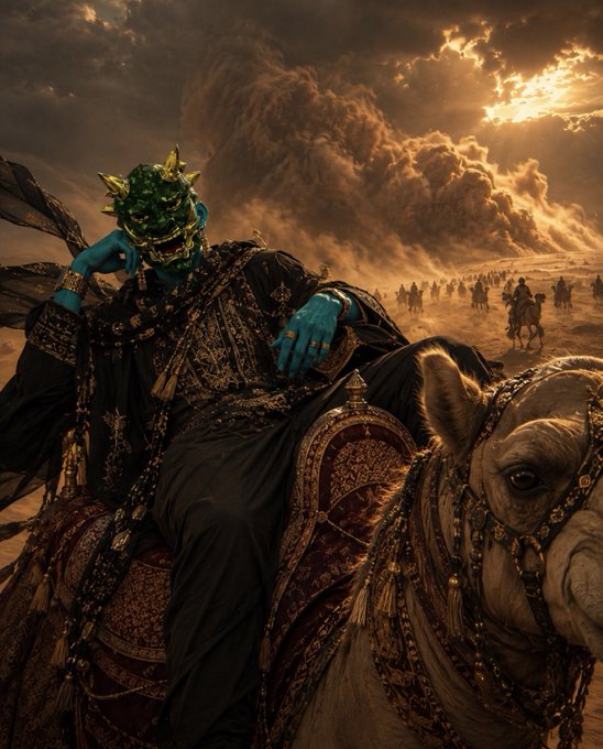 A jeweled, masked figure in ornate robes rides atop a richly adorned camel through a desert at sunset, with a caravan of travelers trailing in the dusty distance. The image evokes the gritty perseverance and exotic mystique of "hump day" endurance, fitting the post's call to those still holding strong through the NFT market's rocky journey.
