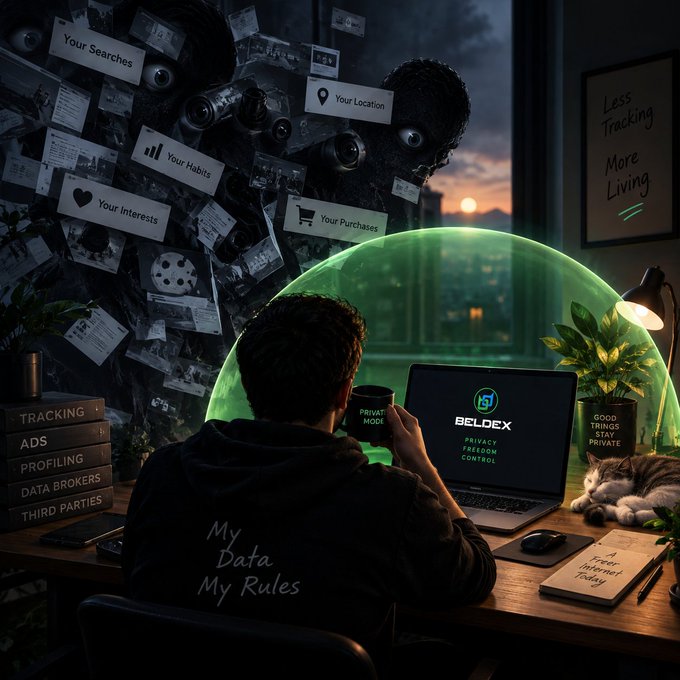 An illustrated scene showing a person sitting at a laptop displaying "BELDEX" and "PRIVACY FREEDOM CONTROL" protected by a green glowing dome, shielding them from shadowy figures labeled "Your Searches," "Your Habits," "Your Interests," "Your Location," and "Your Purchases" outside.