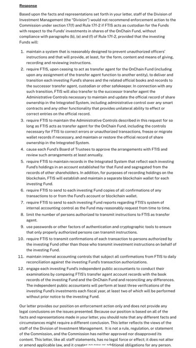 A legal response letter from the Division of Investment Management outlines numbered requirements for FTIs acting as transfer agents for the OnChain Fund under Rule 17(f)(1) and Rule 17f-2.