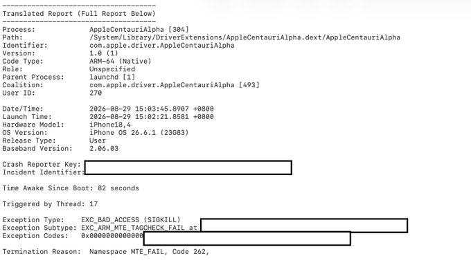An Apple crash report for the "AppleCentauriAlpha" process showing a SIGKILL EXC_BAD_ACCESS exception with termination reason "Namespace MTE_FAIL, Code 262" on iPhone OS 26.6.1, which appears to document the 0-click exploit the user mentioned between "ME" and "GLM-5.3." The "0x0000000000000000" exception codes (redacted in the image) and MTE (Memory Tagging Extension) failure indicate the crash was triggered by a memory safety violation exploited remotely.