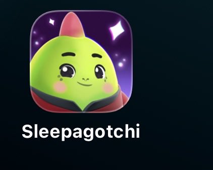 An app icon for 'Sleepagotchi' featuring a cute green character with rosy cheeks and a pink mohawk against a starry purple background.
